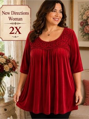 New Directions Woman 2X Red Knit Tunic Top Floral Crochet Plus Size